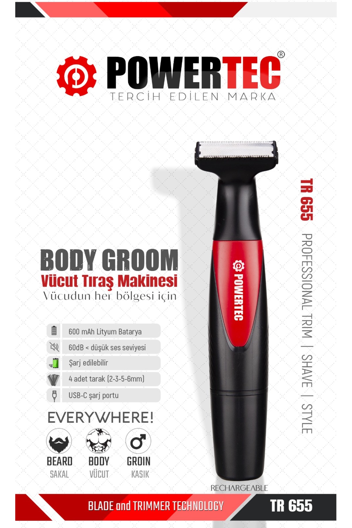 TR-655 Vücut Tıraş Makinesi (Body Groom) Çift Bıçak - Sıfıra Yakın Kesim