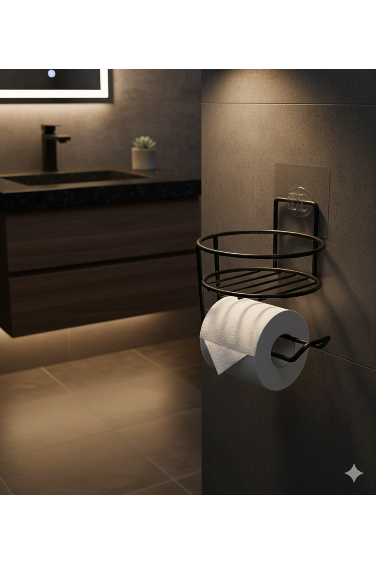 Yapışkanlı Siyah Yuvarlak Raflı Tuvalet Kağıtlığı Wc Kağıtlık Tutucu - Görsel 2