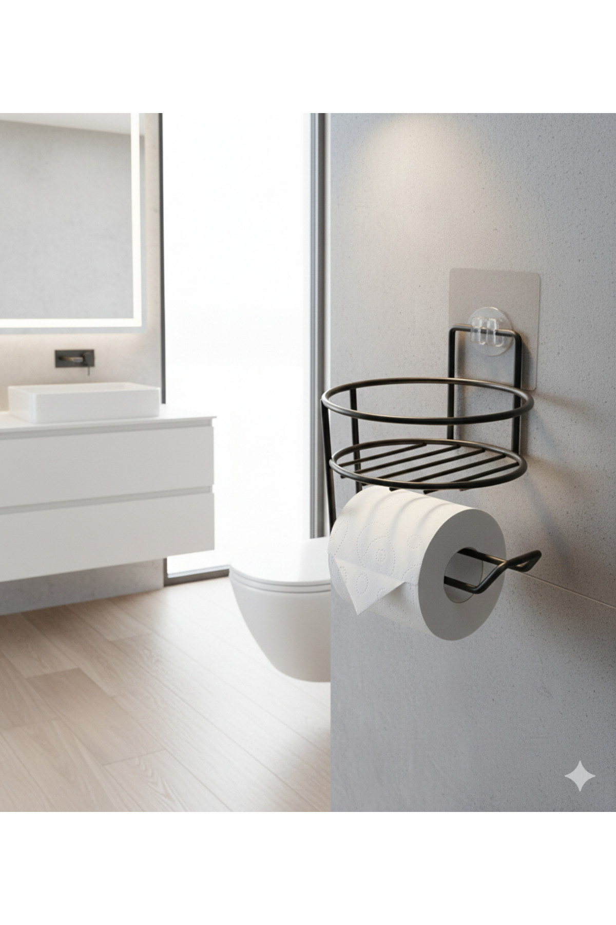 Yapışkanlı Siyah Yuvarlak Raflı Tuvalet Kağıtlığı Wc Kağıtlık Tutucu - Görsel 3